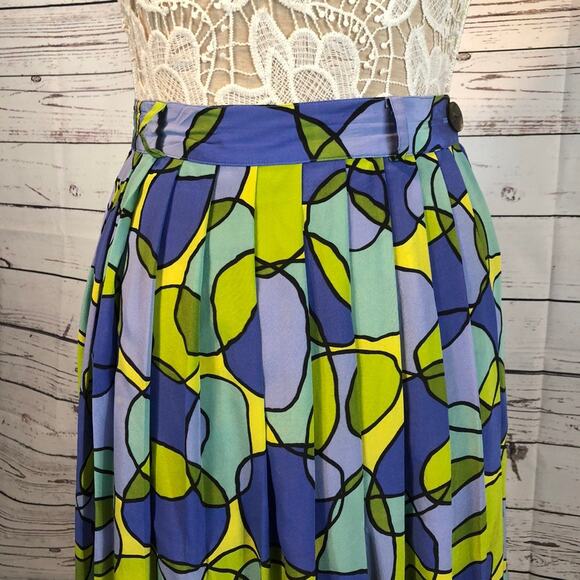 Vintage K•I•K•I•T Maurice Sasson Silk Abstract Print Skirt yellow & blue size 10 - Picture 7 of 12
